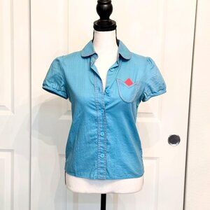 Marc Jacobs Y2K Blue + Red Short Sleeve Button Down Blouse Shirt, Size 2